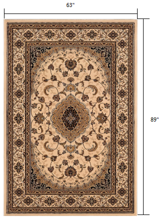 5' X 8' Beige and Black Floral Medallion Power Loom Area Rug