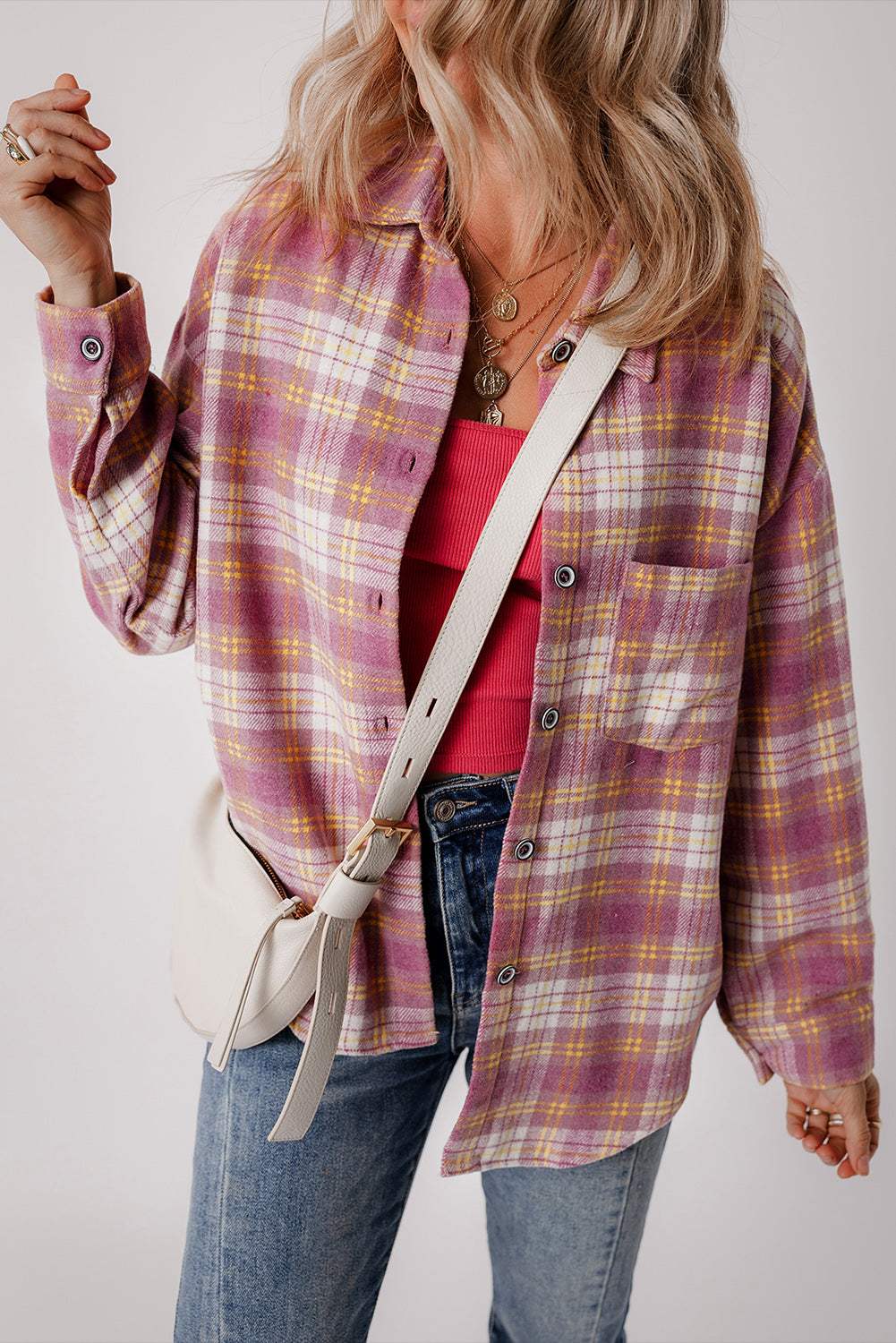 Plaid Collared Neck Button Up Shacket - Trendsi - Flyclothing LLC