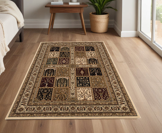 4' X 6' Beige and Black Oriental Power Loom Area Rug