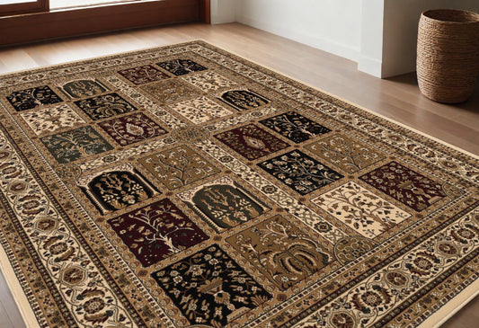 5' X 8' Beige and Black Oriental Power Loom Area Rug