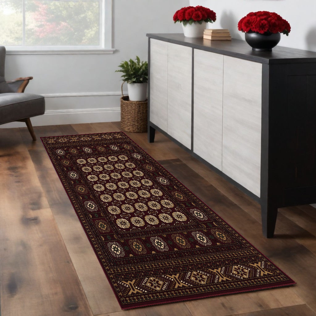 8' Runner Red and Ivory Floral Medallion Power Loom Runner Rug