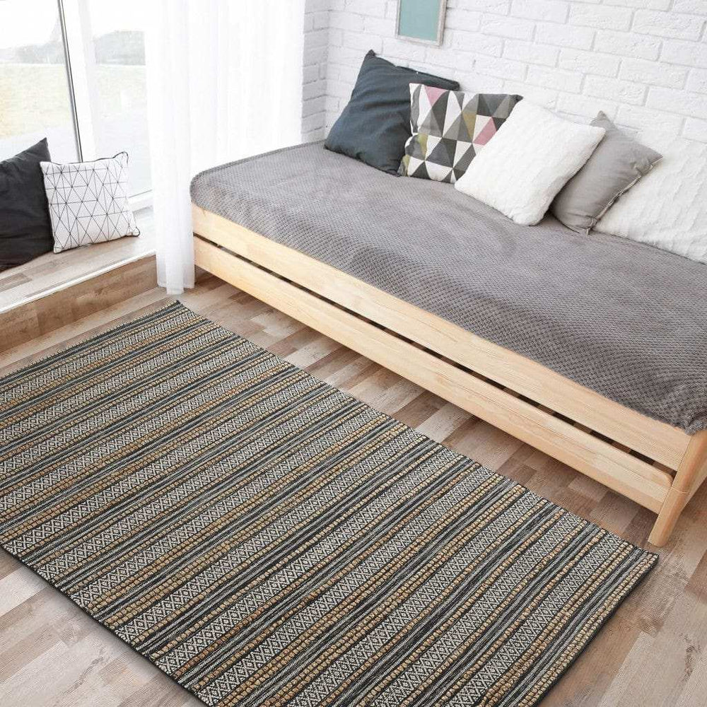 8' X 10' Black and Tan Decorative Striped Area Rug - Homeroots - Flyclothing LLC