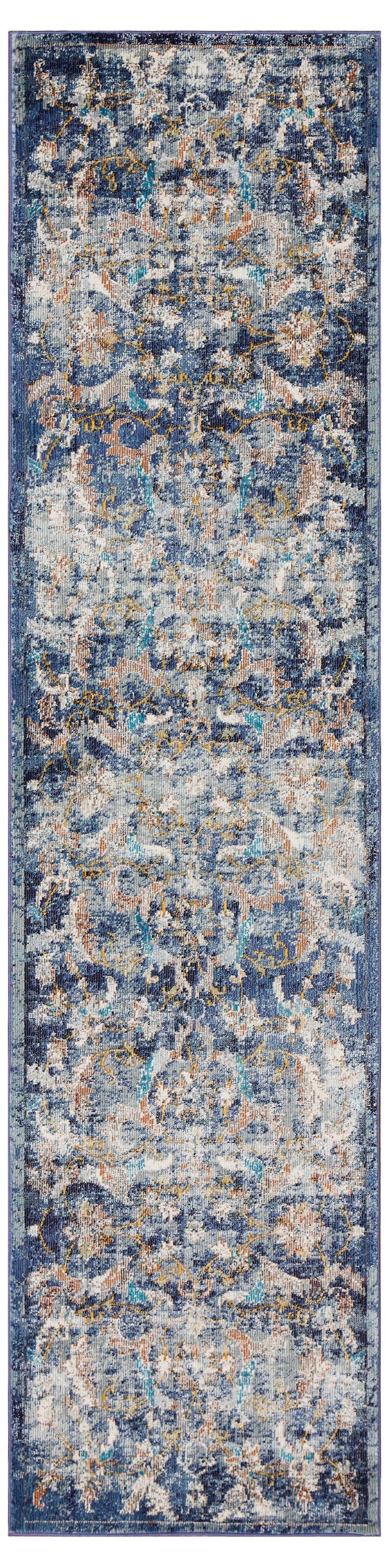 2' X 9' Blue and White Jacobean Pattern Runner Rug - Homeroots