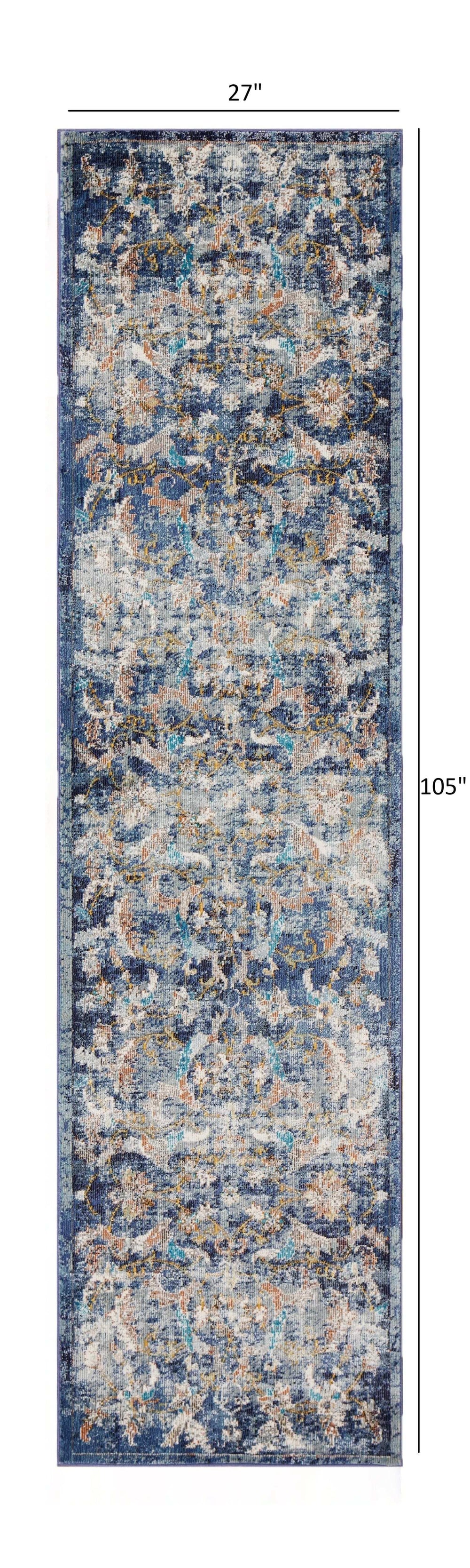2' X 9' Blue and White Jacobean Pattern Runner Rug - Homeroots - Flyclothing LLC