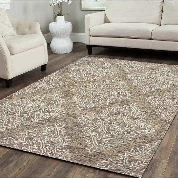 9' X 12' Khaki and White Damask Area Rug - Homeroots - Flyclothing LLC