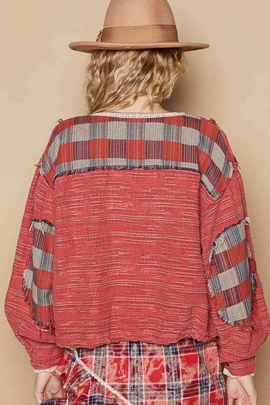 POL Round Neck Long Sleeve Plaid Shirt - Trendsi - Flyclothing LLC
