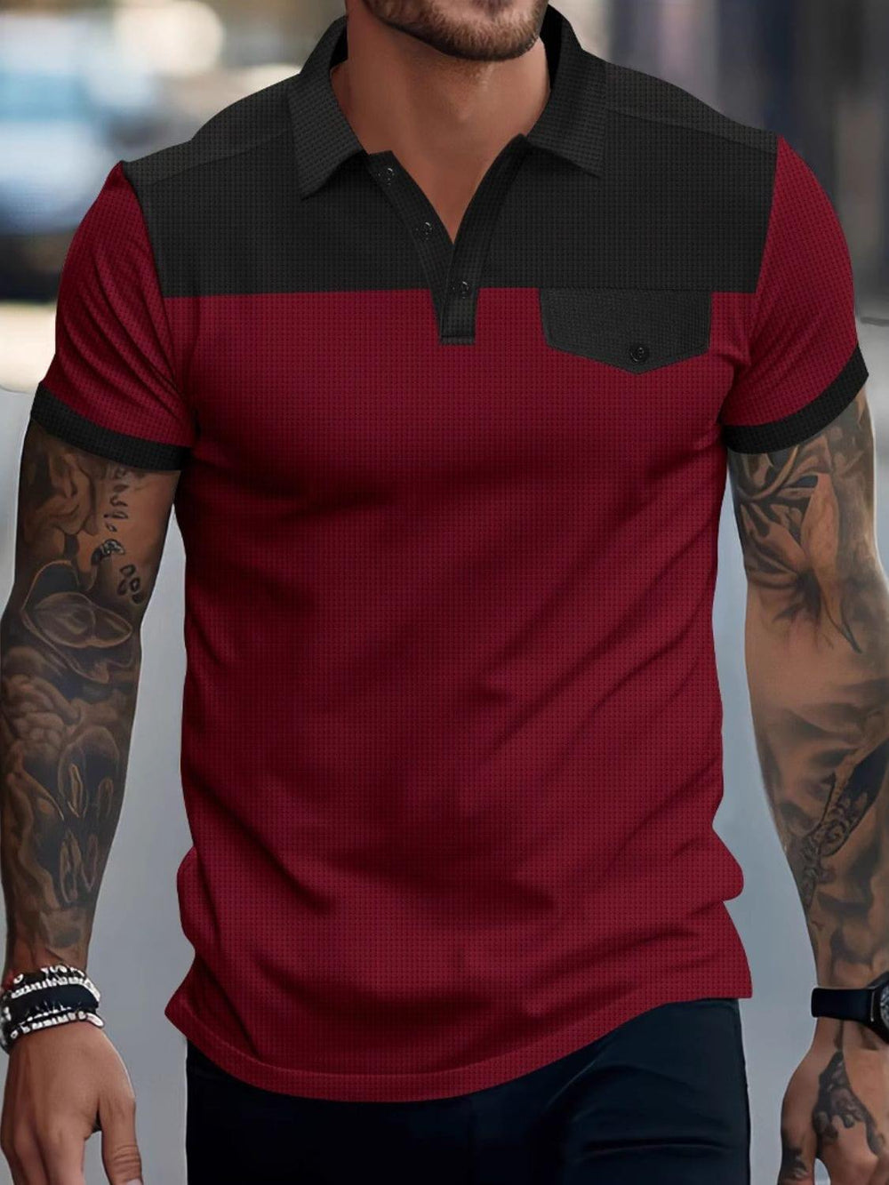 Men's Full Size Waffle-Knit Collared Contrast Polo Plus Size - Trendsi