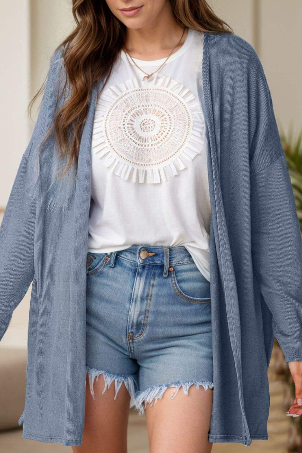 Slit Open Front Long Sleeve Cover Up - Trendsi - Flyclothing LLC