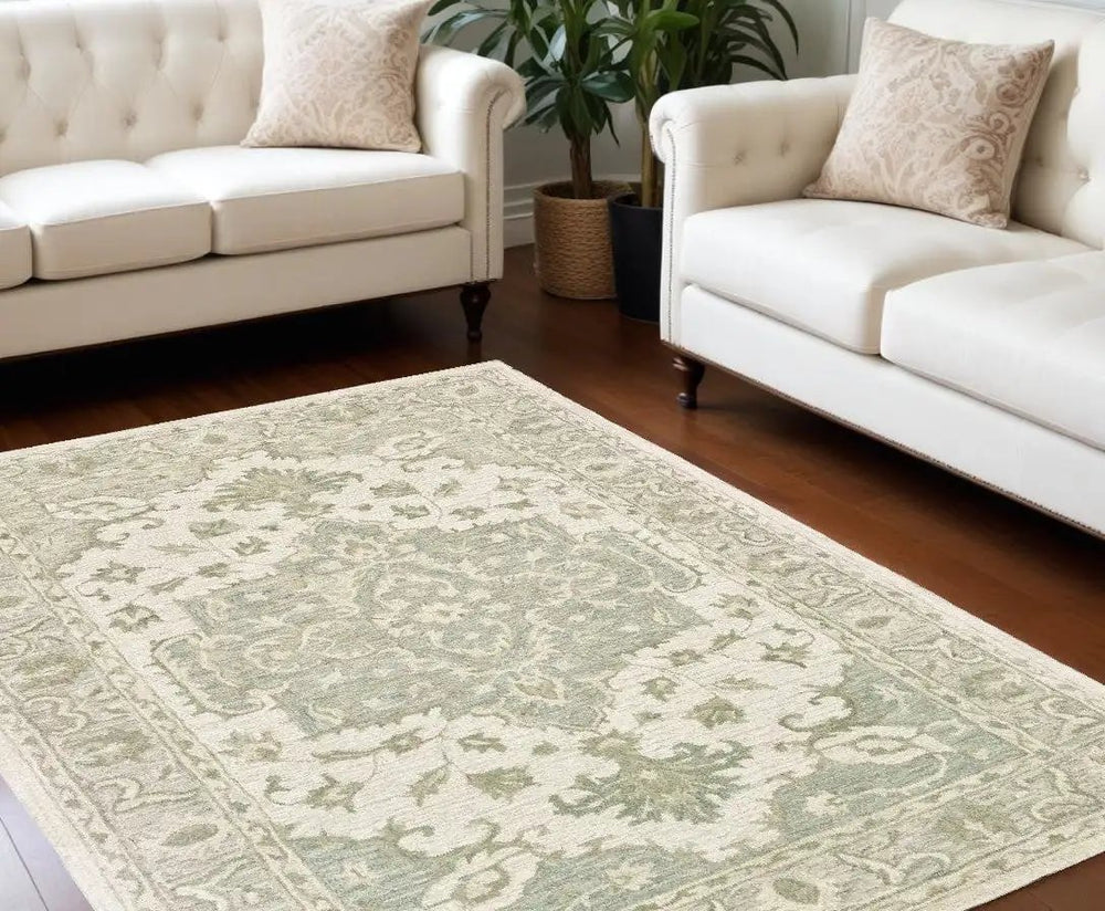 8' X 10' Green and Cream Medallion Area Rug - Homeroots