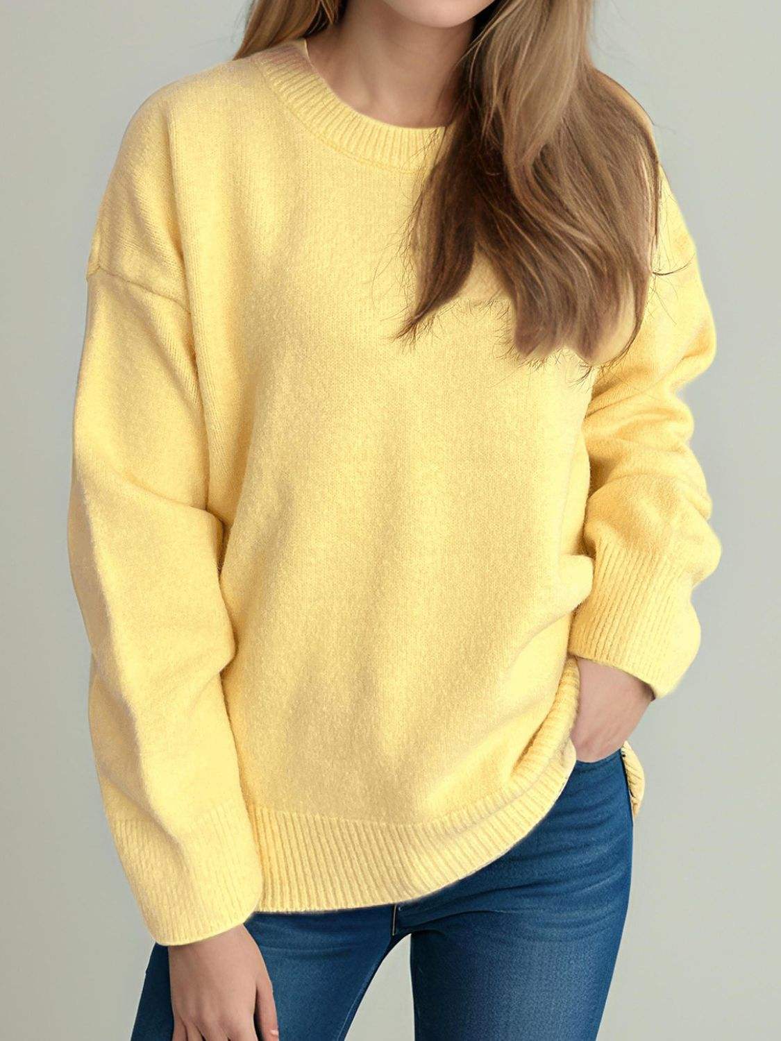 Round Neck Dropped Shoulder Long Sleeve Sweater - Trendsi - Flyclothing LLC