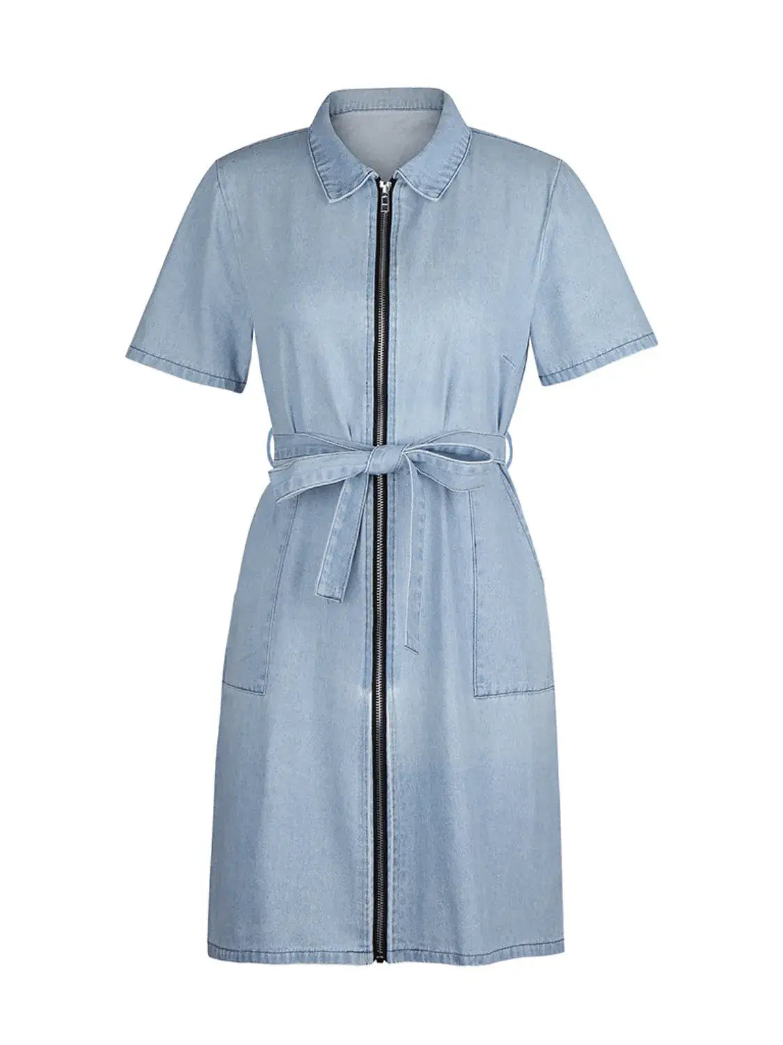Full Size Zip Front Short Sleeve Denim Dress Plus Size - Trendsi - Flyclothing LLC