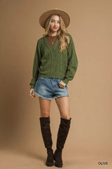 Umgee Chunky Cable Knit V-Neck Button-Up Cardigan - Trendsi - Flyclothing LLC