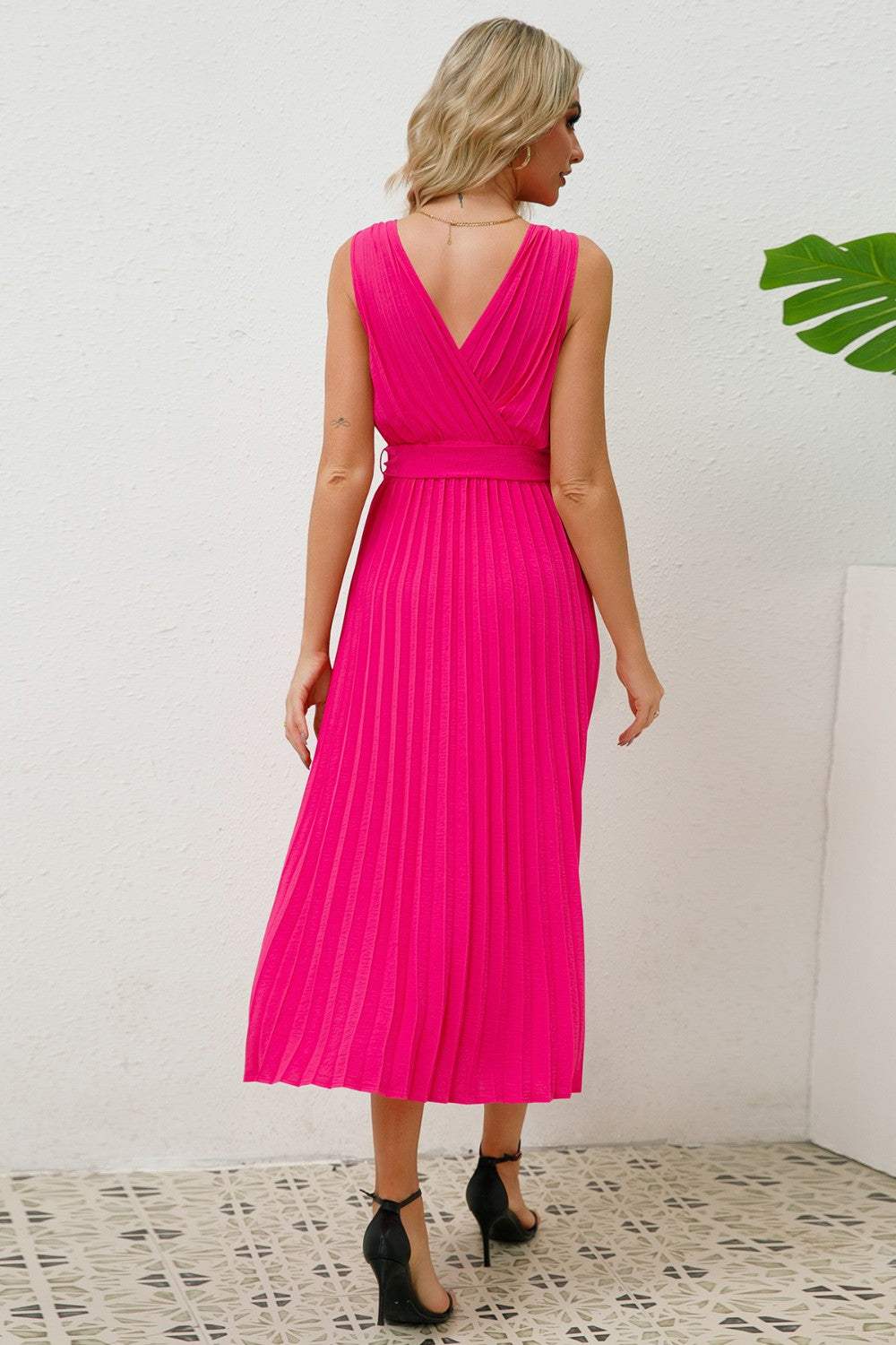 Surplice Sleeveless Midi Pleated Dress - Trendsi - Flyclothing LLC