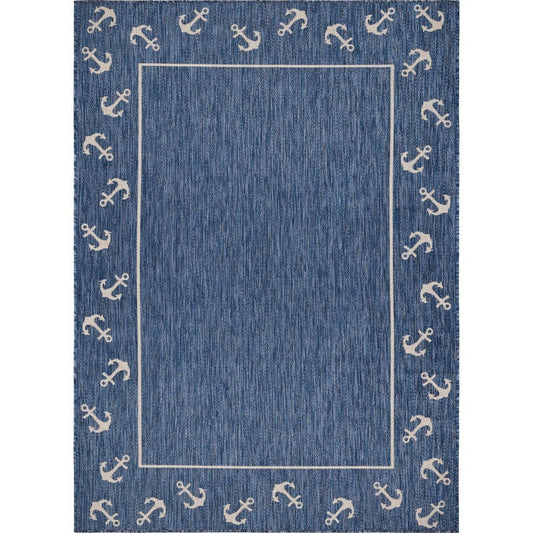 5' X 7' Blue and Natural Nautical Anchor Indoor Outdoor Area Rug