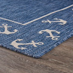 5' X 7' Blue and Natural Nautical Anchor Indoor Outdoor Area Rug