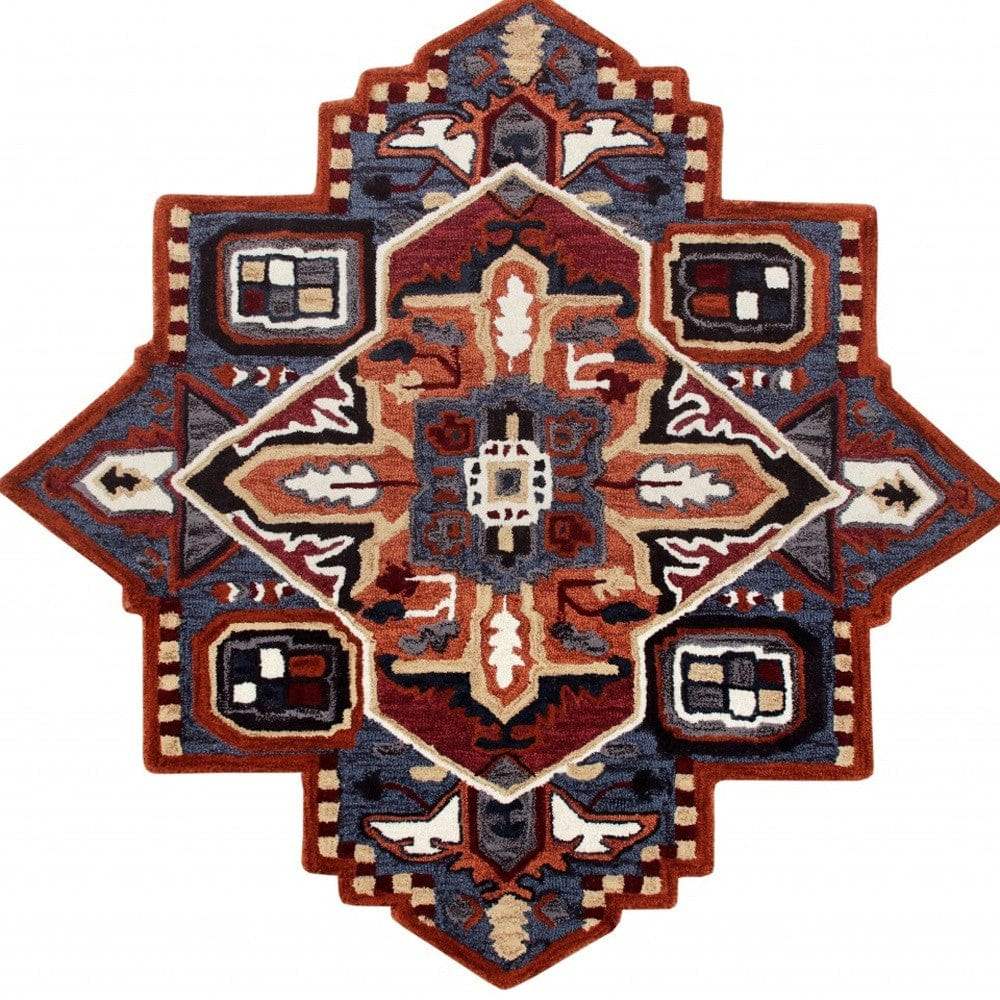 5’ Maroon and Blue Medallion Area Rug - Homeroots - Flyclothing LLC