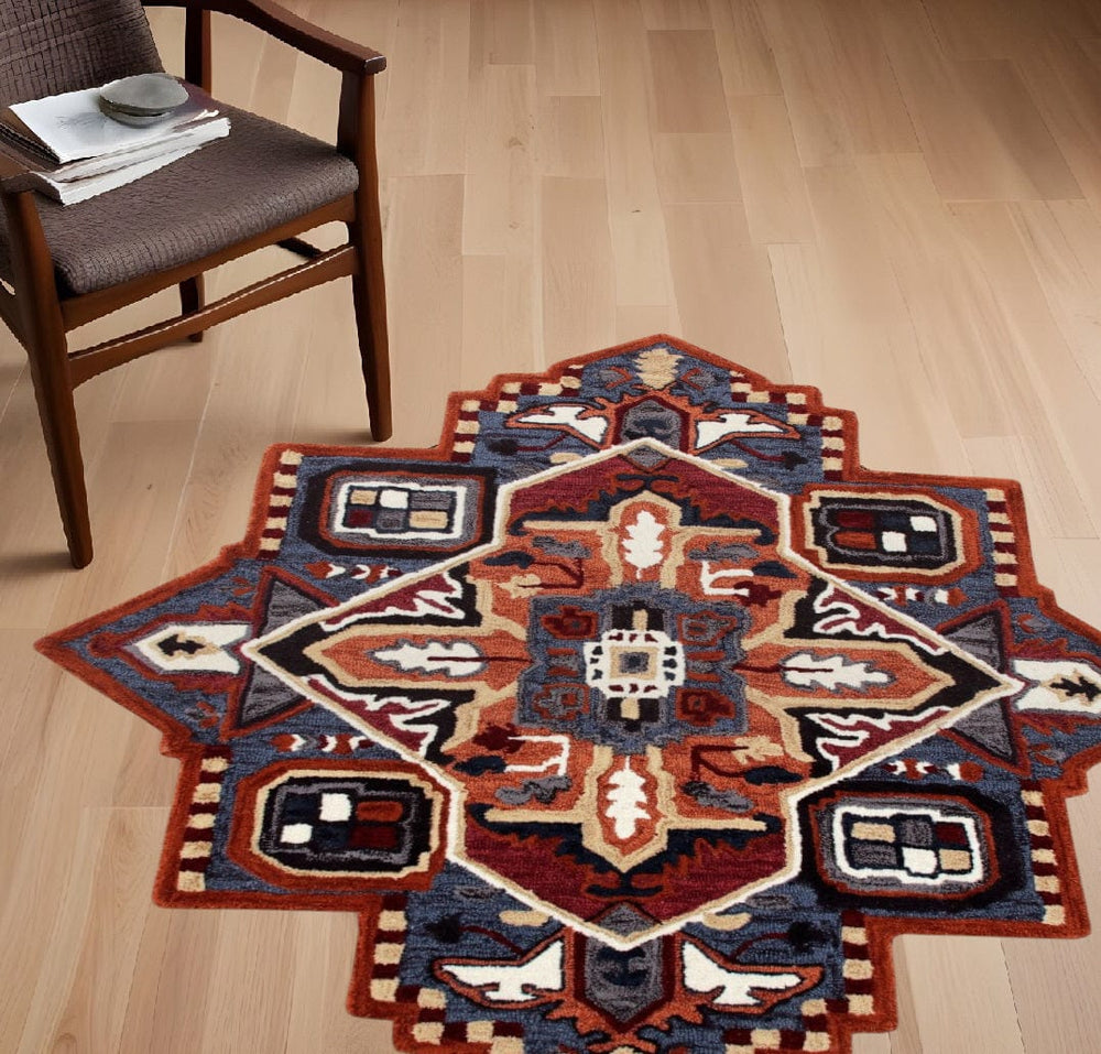 5’ Maroon and Blue Medallion Area Rug - Homeroots