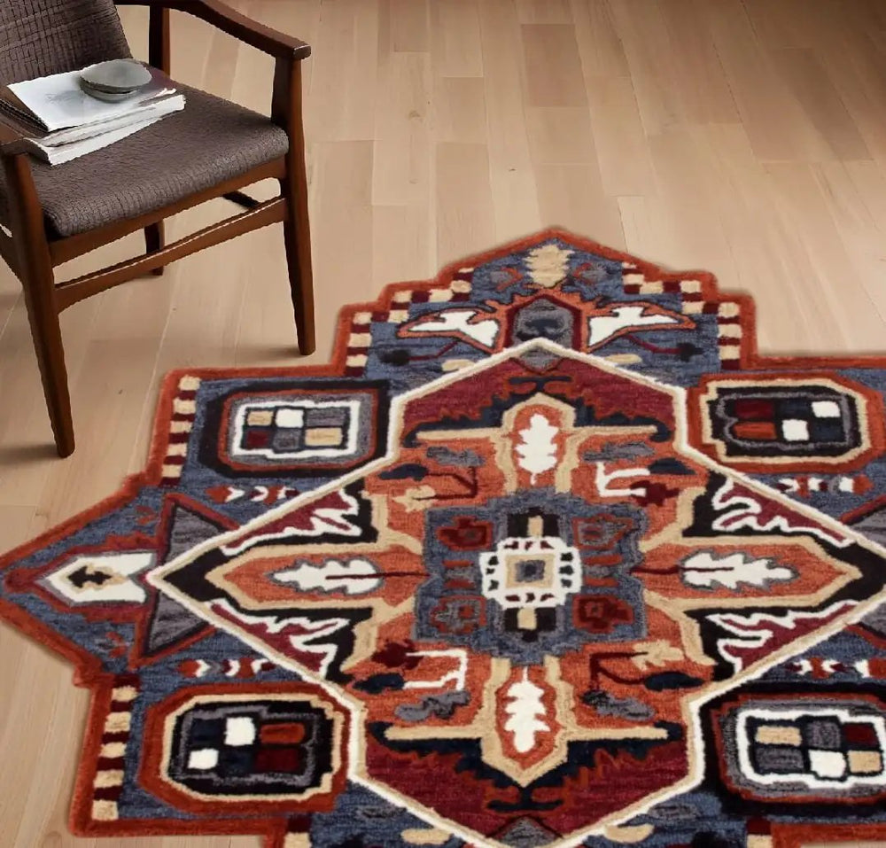 7' Maroon and Blue Medallion Area Rug - Homeroots