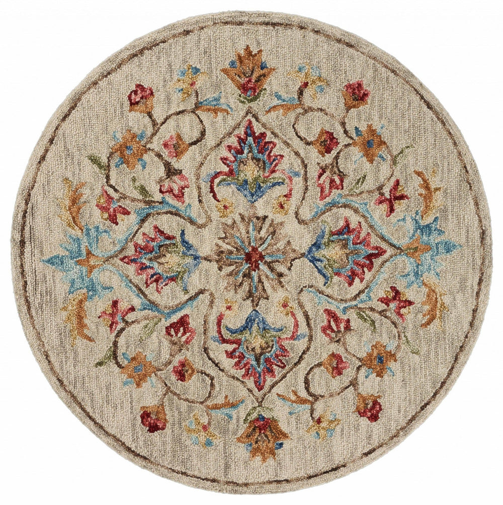 4' Round Beige Floral Medallion Area Rug - Homeroots