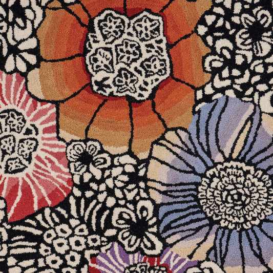 4' Round Red and Black Floral Area Rug