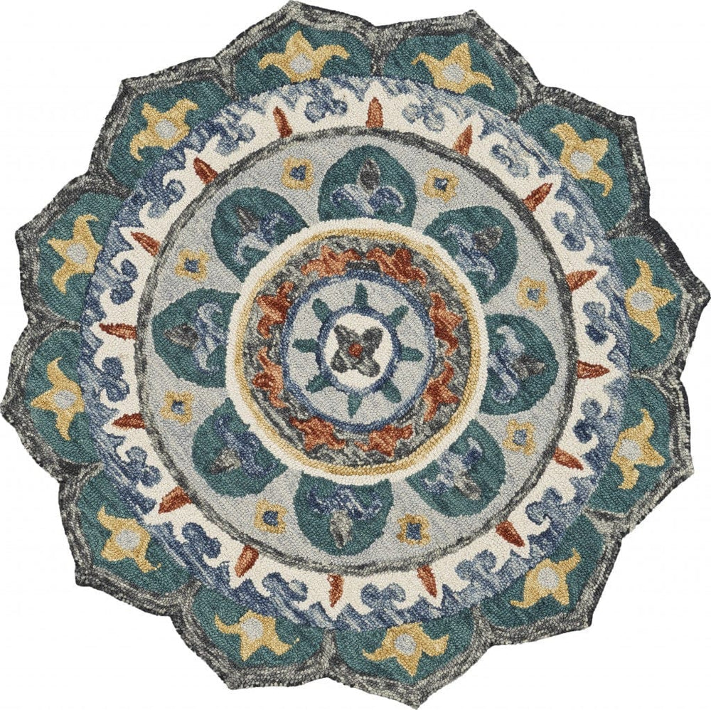 4' Round Teal Decorative Floral Area Rug - Homeroots