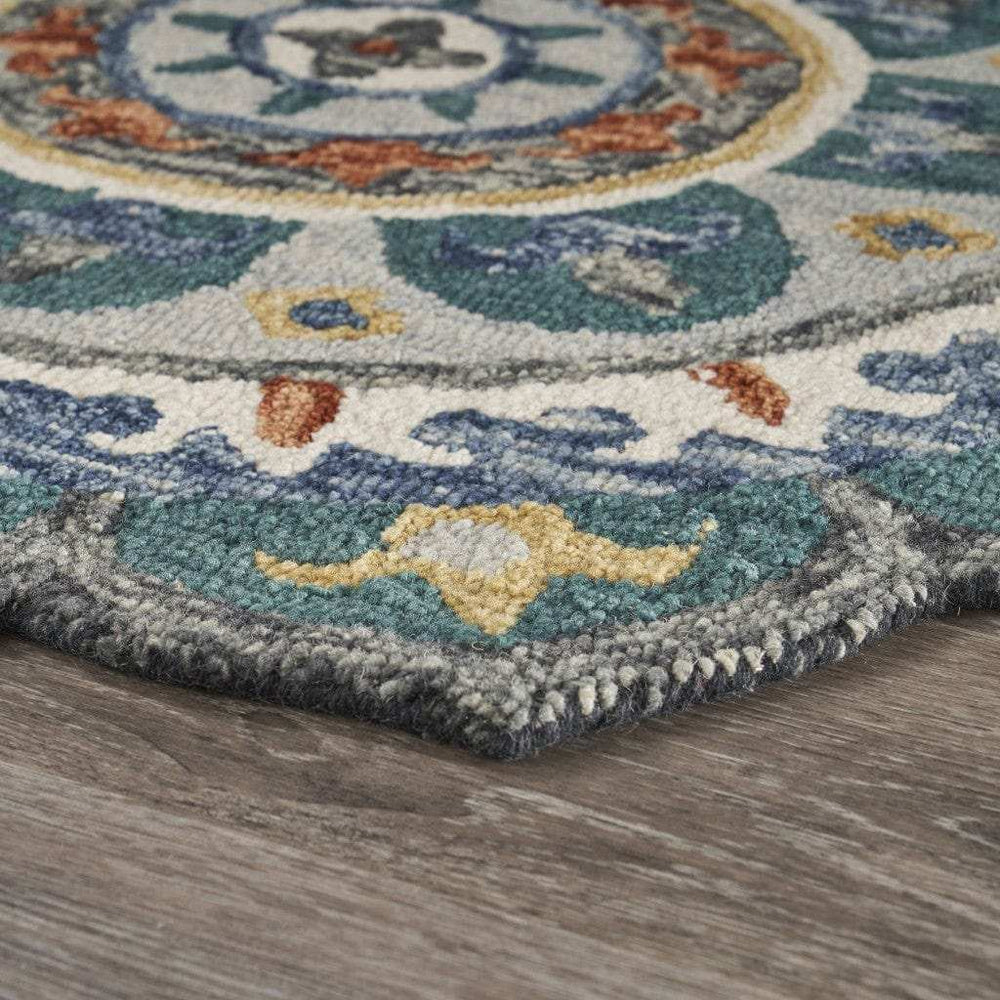 4' Round Teal Decorative Floral Area Rug - Homeroots - Flyclothing LLC