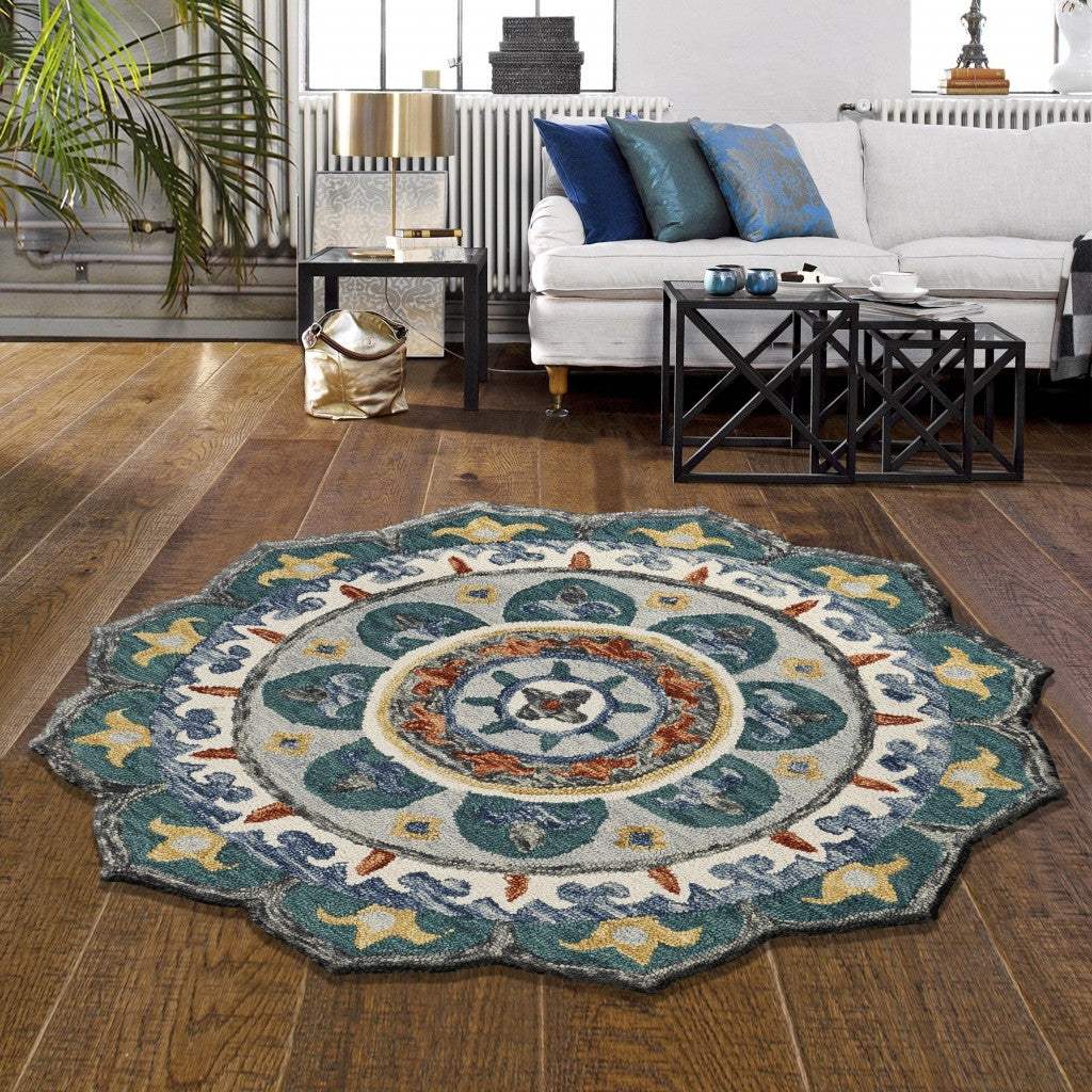 4' Round Teal Decorative Floral Area Rug - Homeroots - Flyclothing LLC