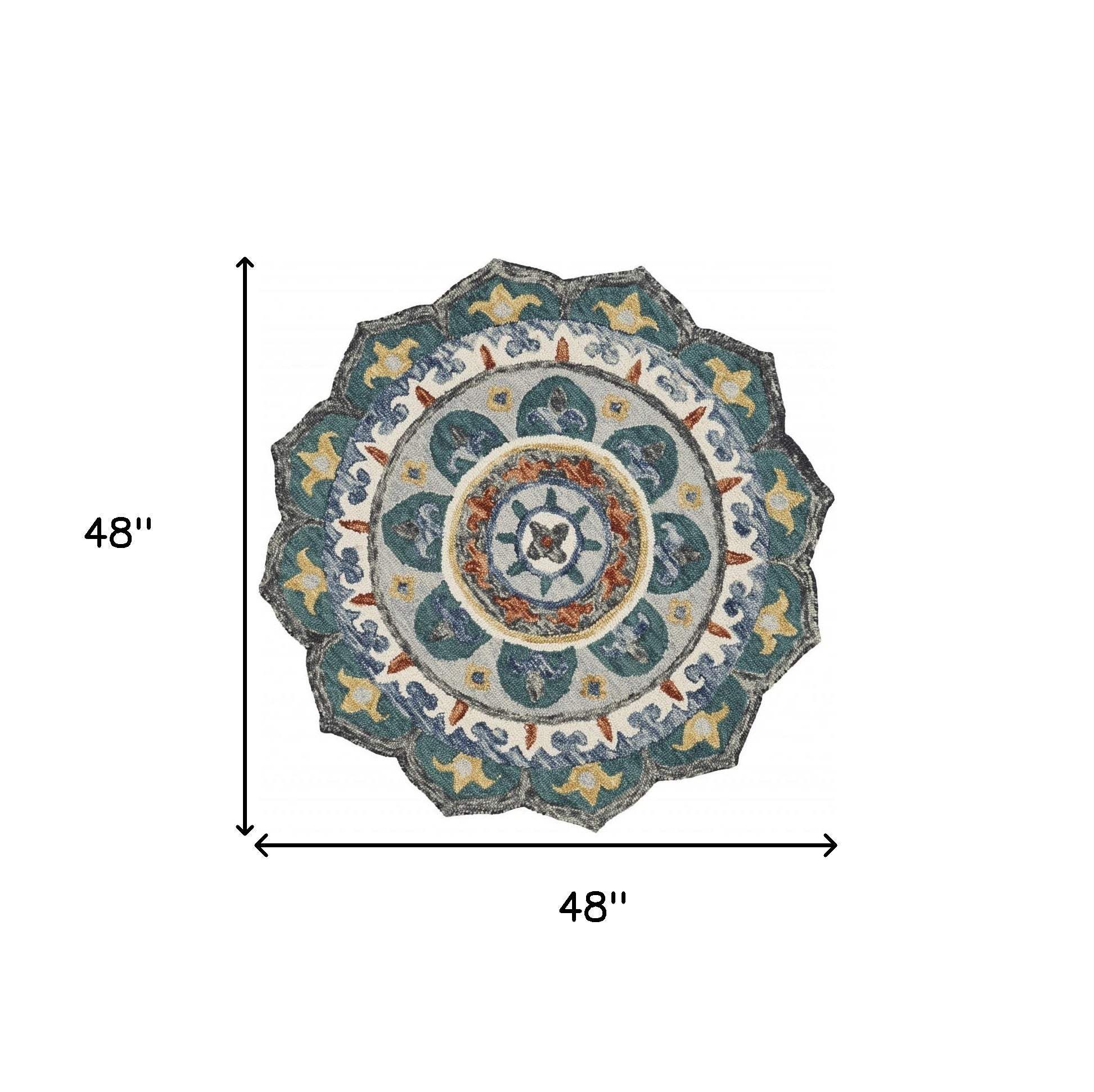 4' Round Teal Decorative Floral Area Rug - Homeroots - Flyclothing LLC