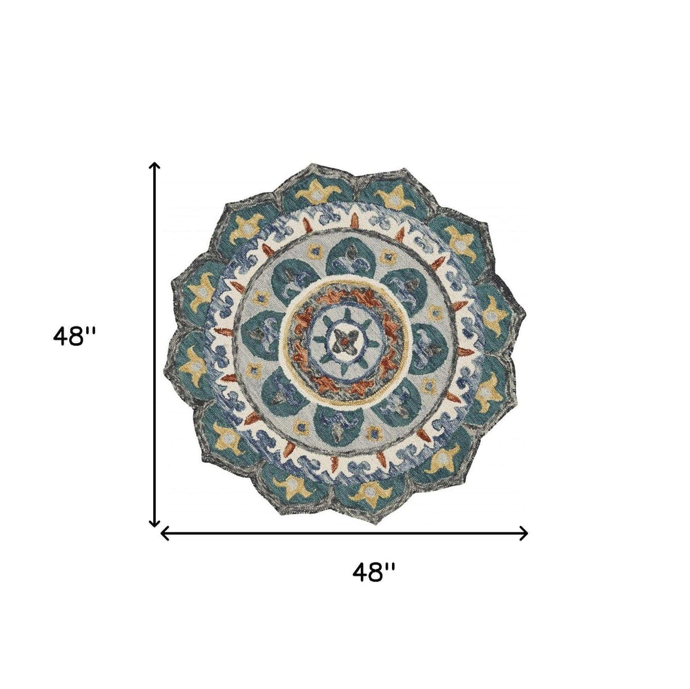 4' Round Teal Decorative Floral Area Rug - Homeroots - Flyclothing LLC
