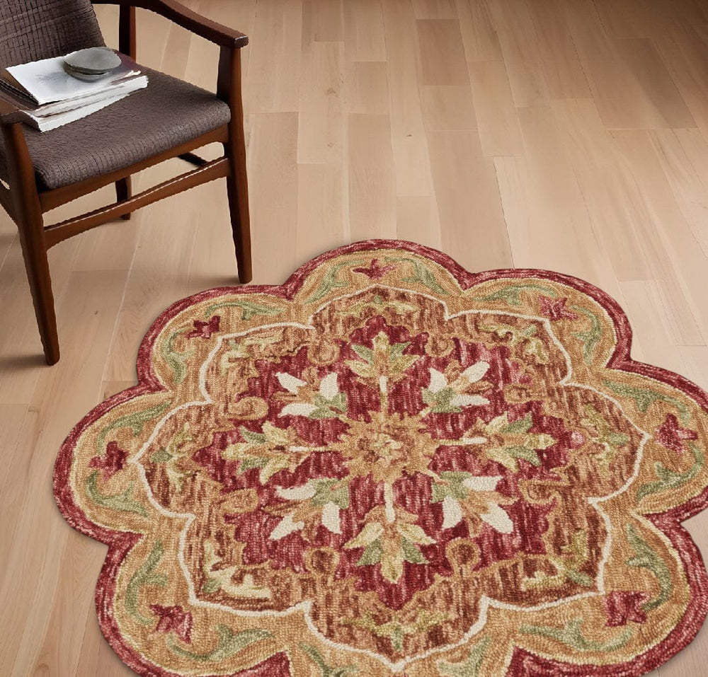 6' Round Rustic Red Scalloped Edge Area Rug - Homeroots