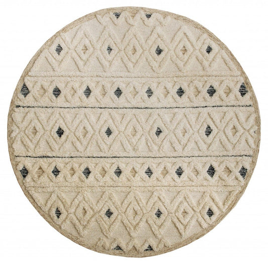 6' Round Cream and Blue Striped Diamonds Area Rug - Homeroots