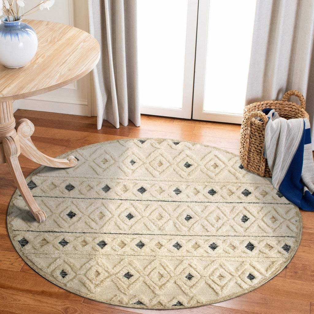 6' Round Cream and Blue Striped Diamonds Area Rug - Homeroots - Flyclothing LLC
