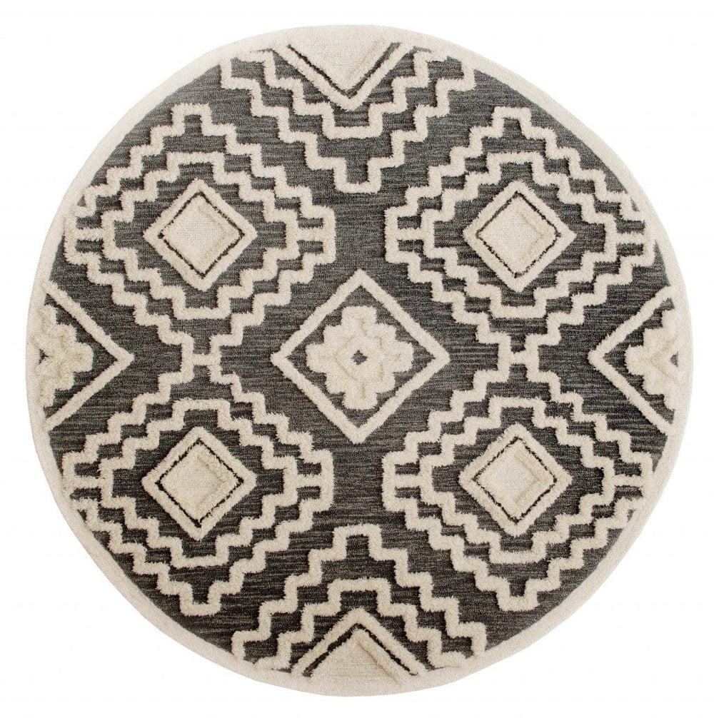 4' Round Gray and Cream Geometric Area Rug - Homeroots