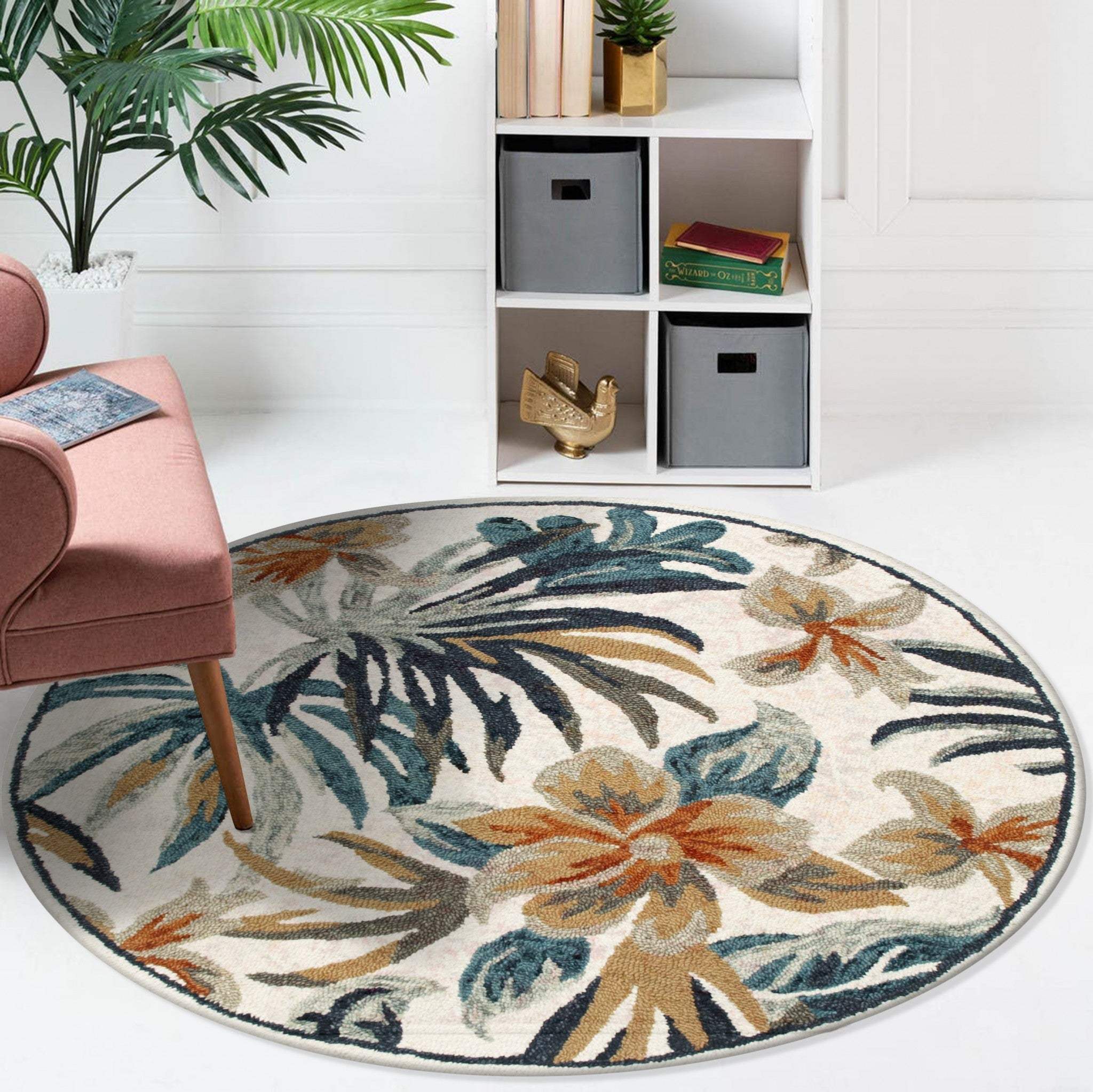 4' Round Blue and White Tropical Area Rug - Homeroots - Flyclothing LLC