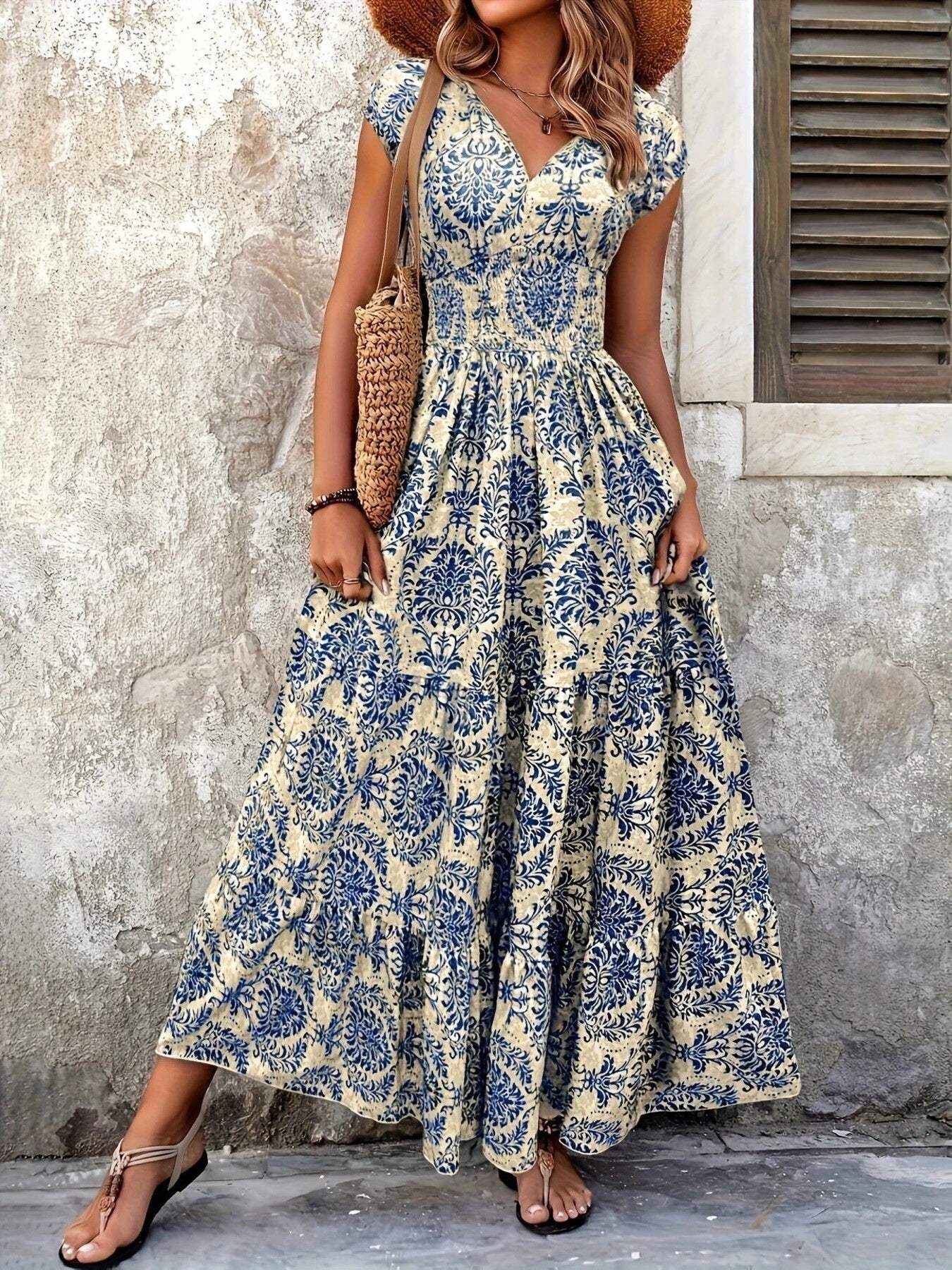 Printed Cap Sleeve Maxi Dress - Trendsi - Flyclothing LLC