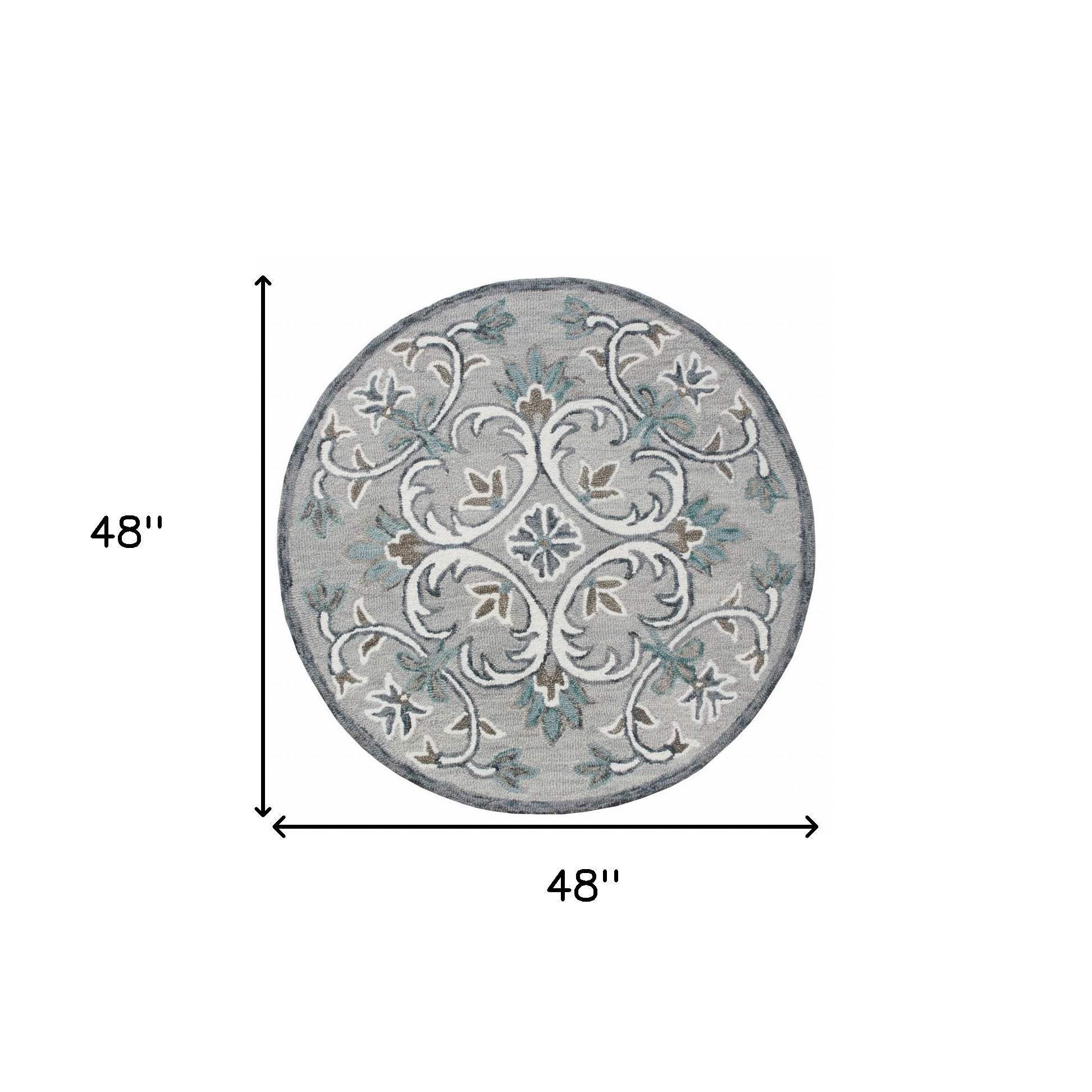 4' Round Gray and White Filigree Area Rug - Homeroots - Flyclothing LLC
