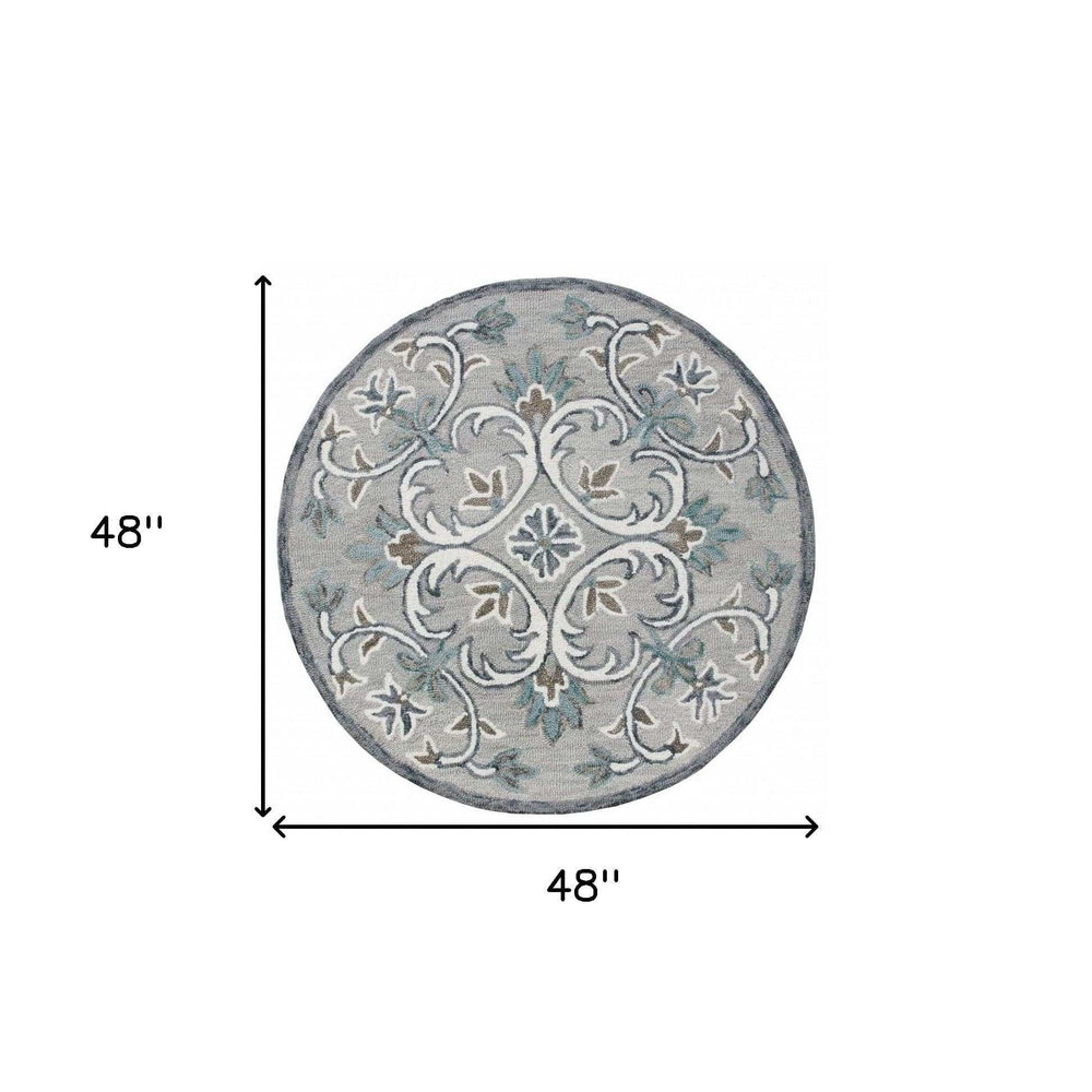 4' Round Gray and White Filigree Area Rug - Homeroots - Flyclothing LLC