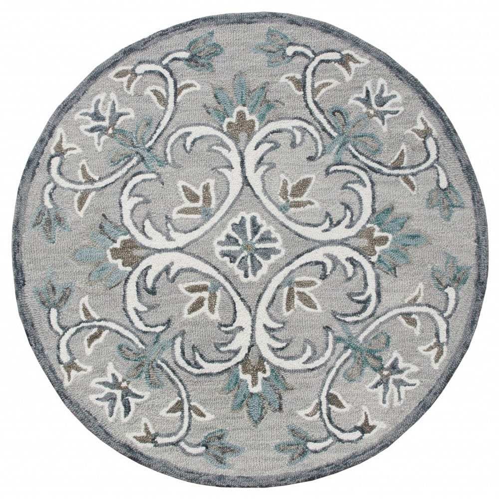 4' Round Gray and White Filigree Area Rug - Homeroots - Flyclothing LLC