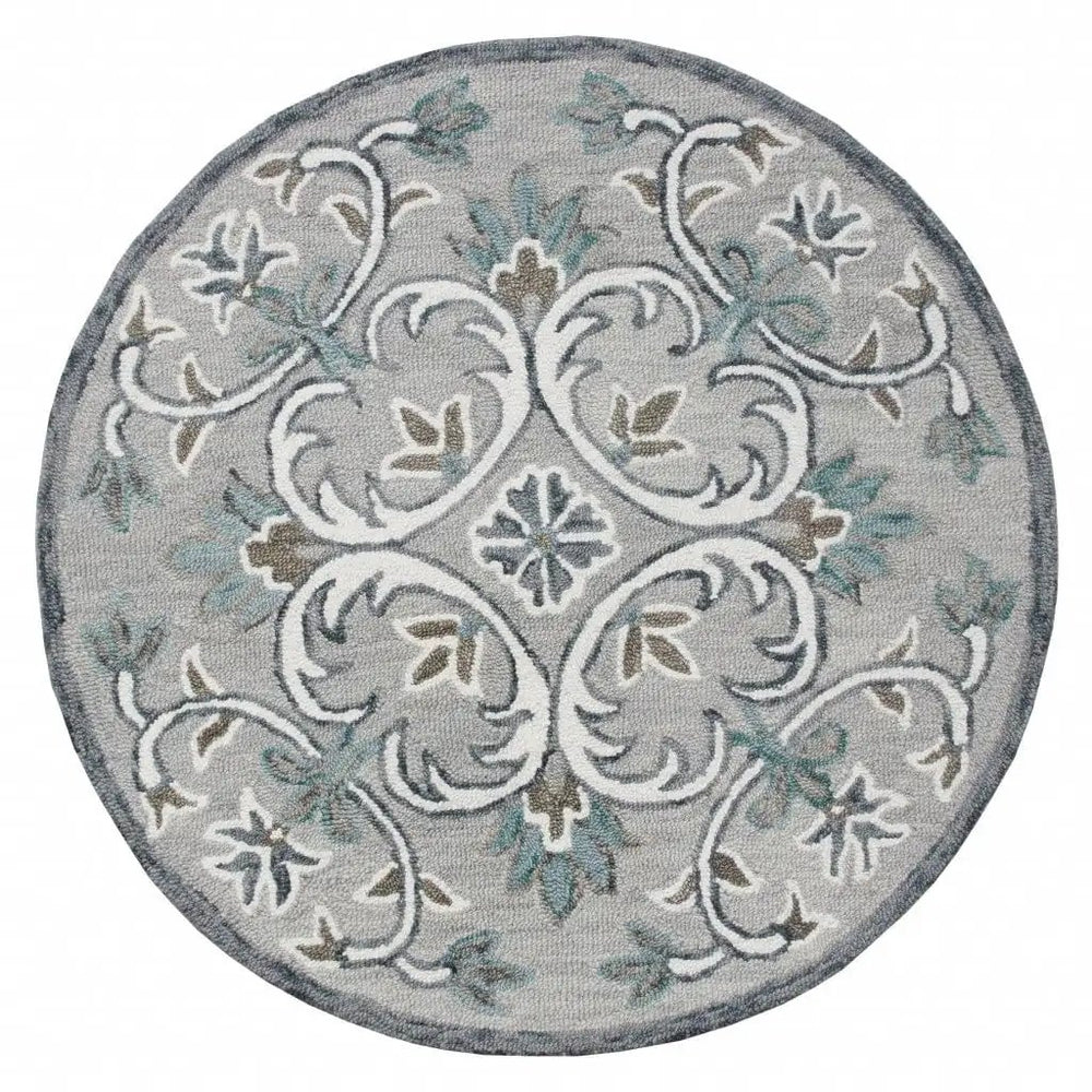 4' Round Gray and White Filigree Area Rug - Homeroots