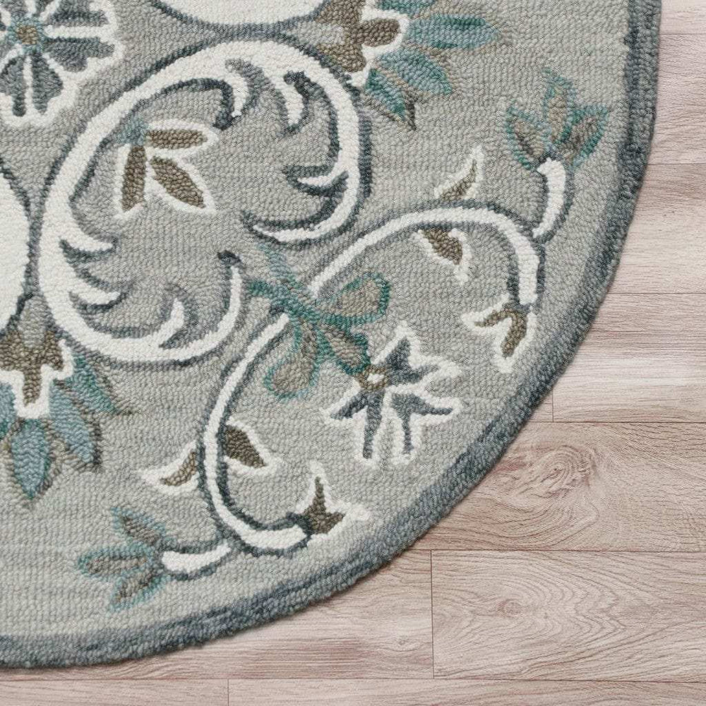 4' Round Gray and White Filigree Area Rug - Homeroots - Flyclothing LLC