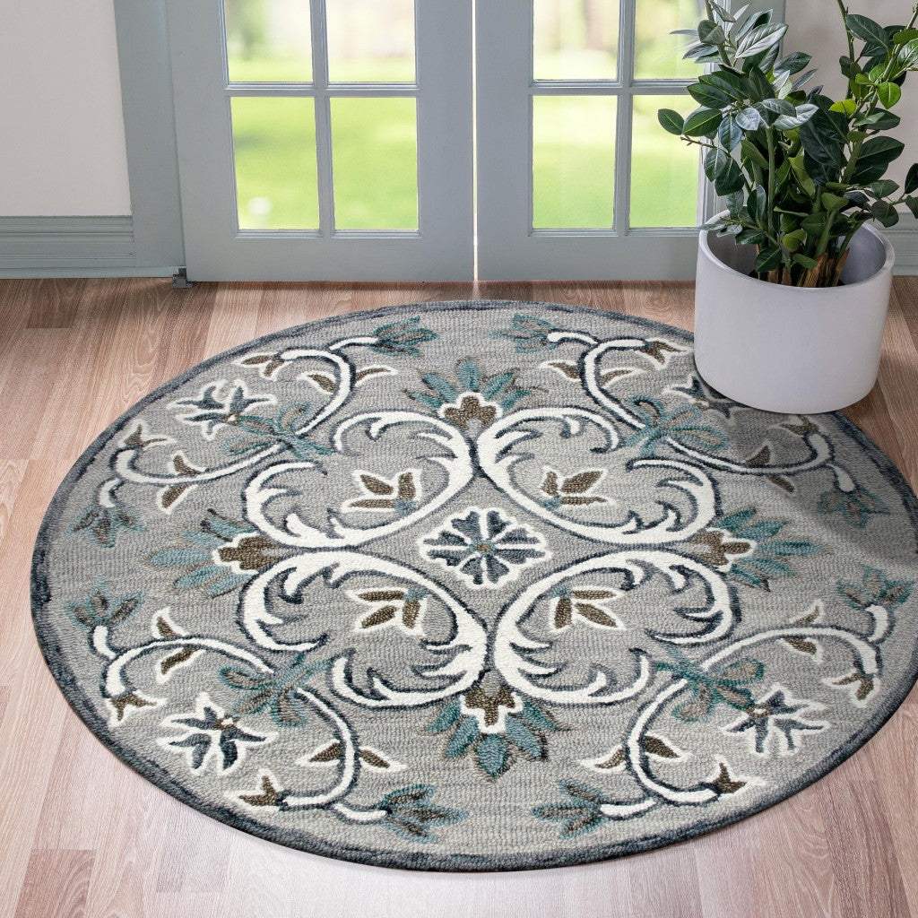 6' Round Gray and White Filigree Area Rug - Homeroots - Flyclothing LLC