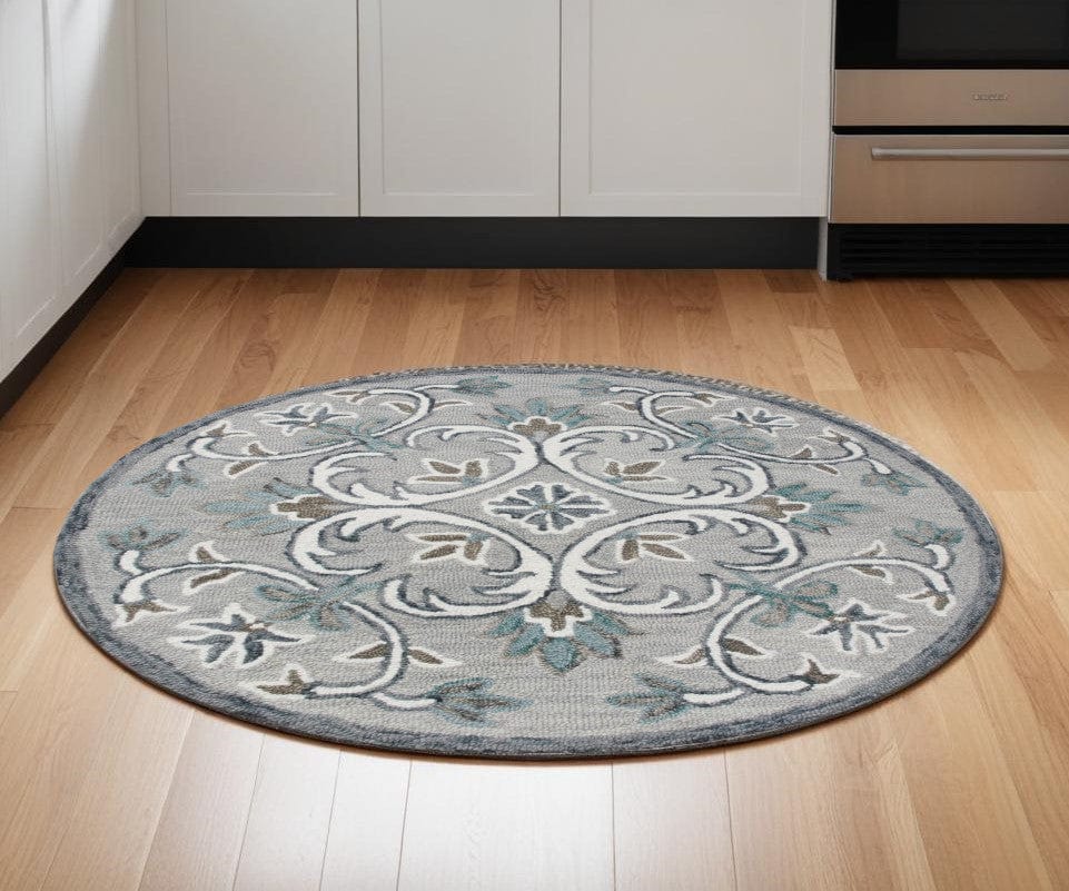 6' Round Gray and White Filigree Area Rug - Homeroots