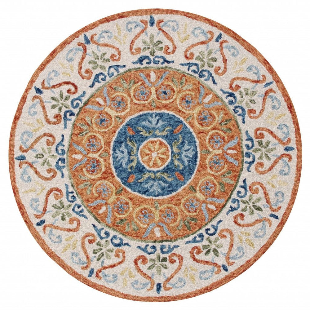 4' Round Orange Traditional Medallion Area Rug - Homeroots