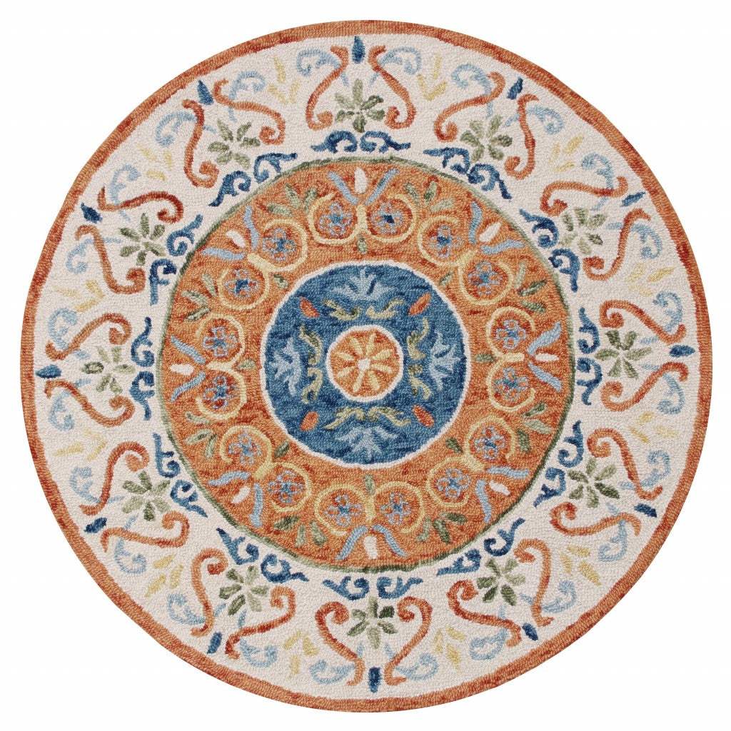 6' Round Orange Traditional Medallion Area Rug - Homeroots - Flyclothing LLC