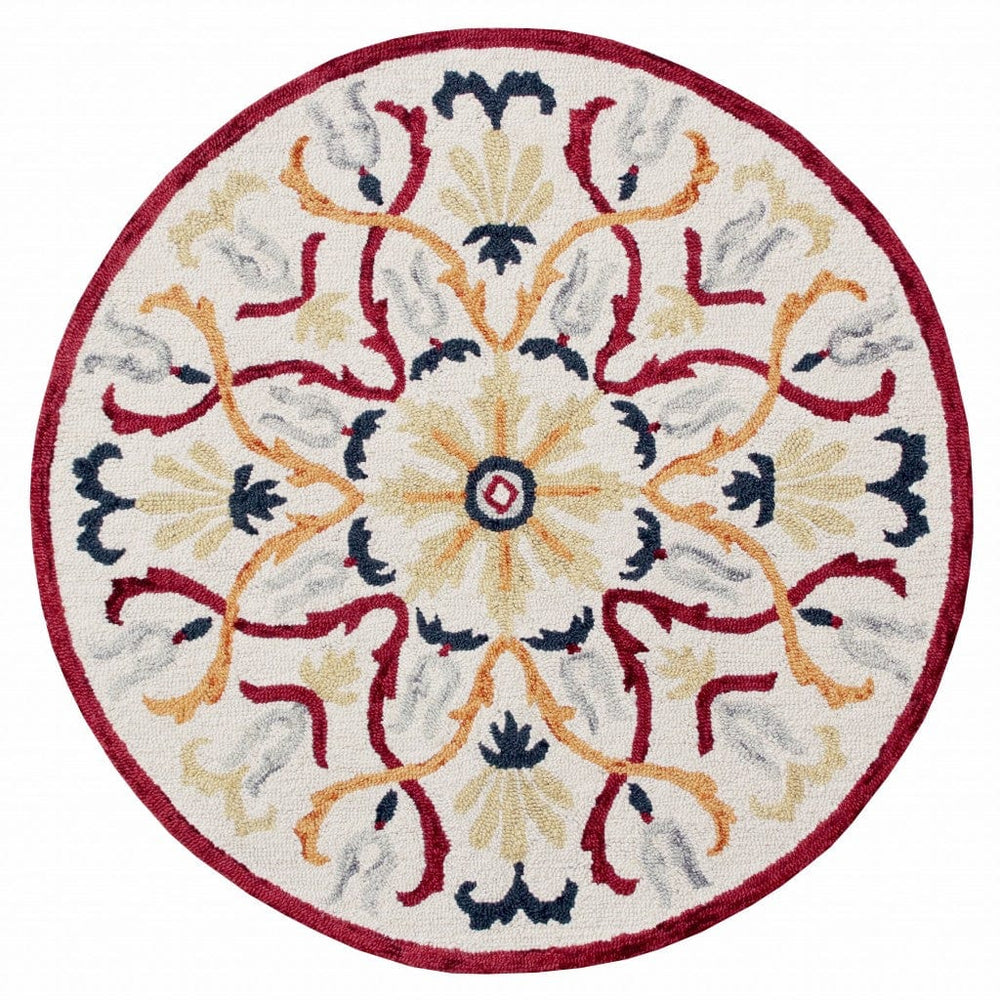4' Round Red and Ivory Floral Filigree Area Rug - Homeroots