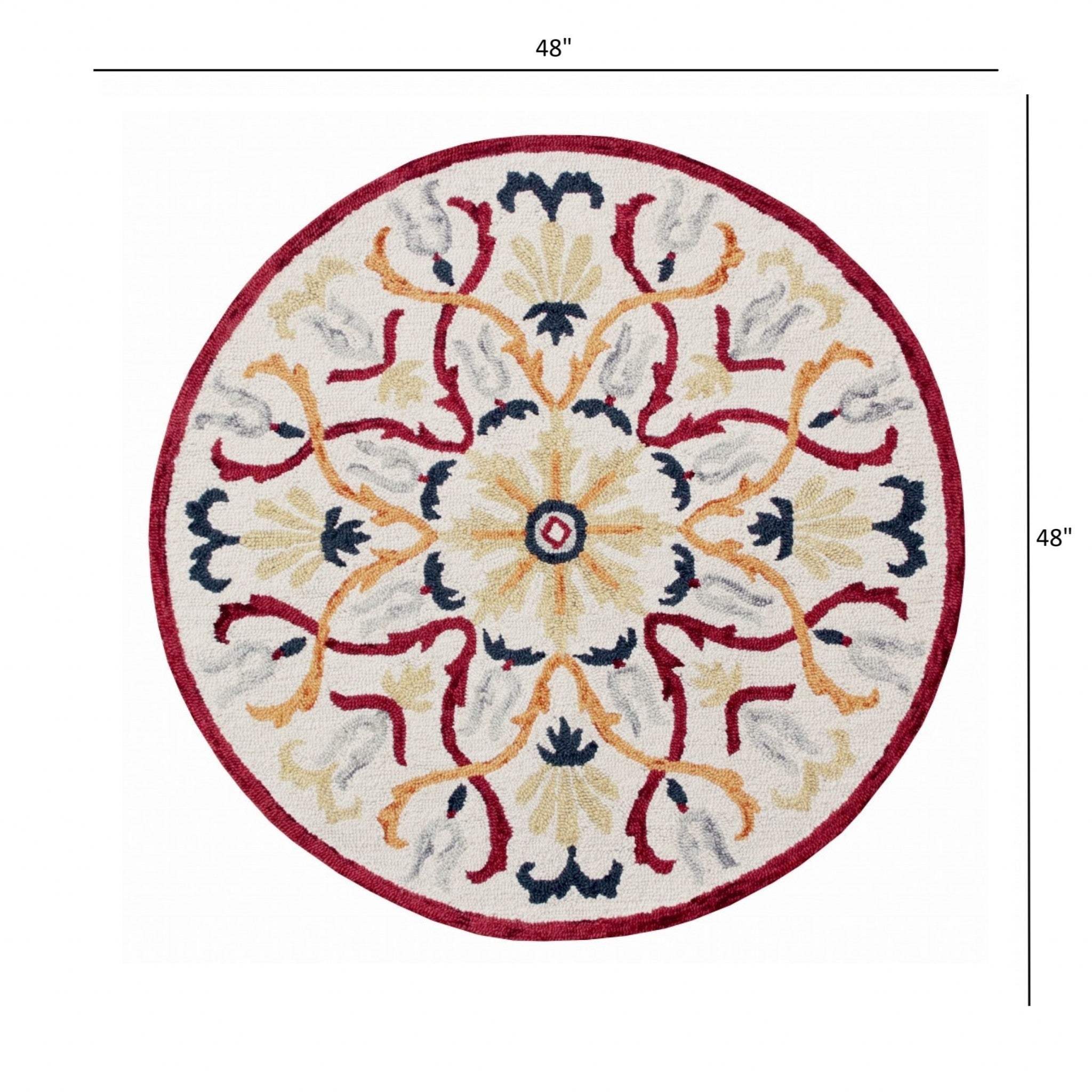4' Round Red and Ivory Floral Filigree Area Rug - Homeroots - Flyclothing LLC