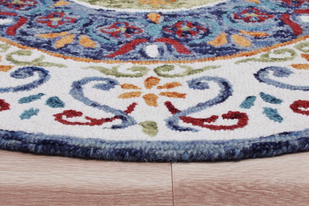 4' Round Blue and White Ornate Medallion Area Rug - Homeroots - Flyclothing LLC