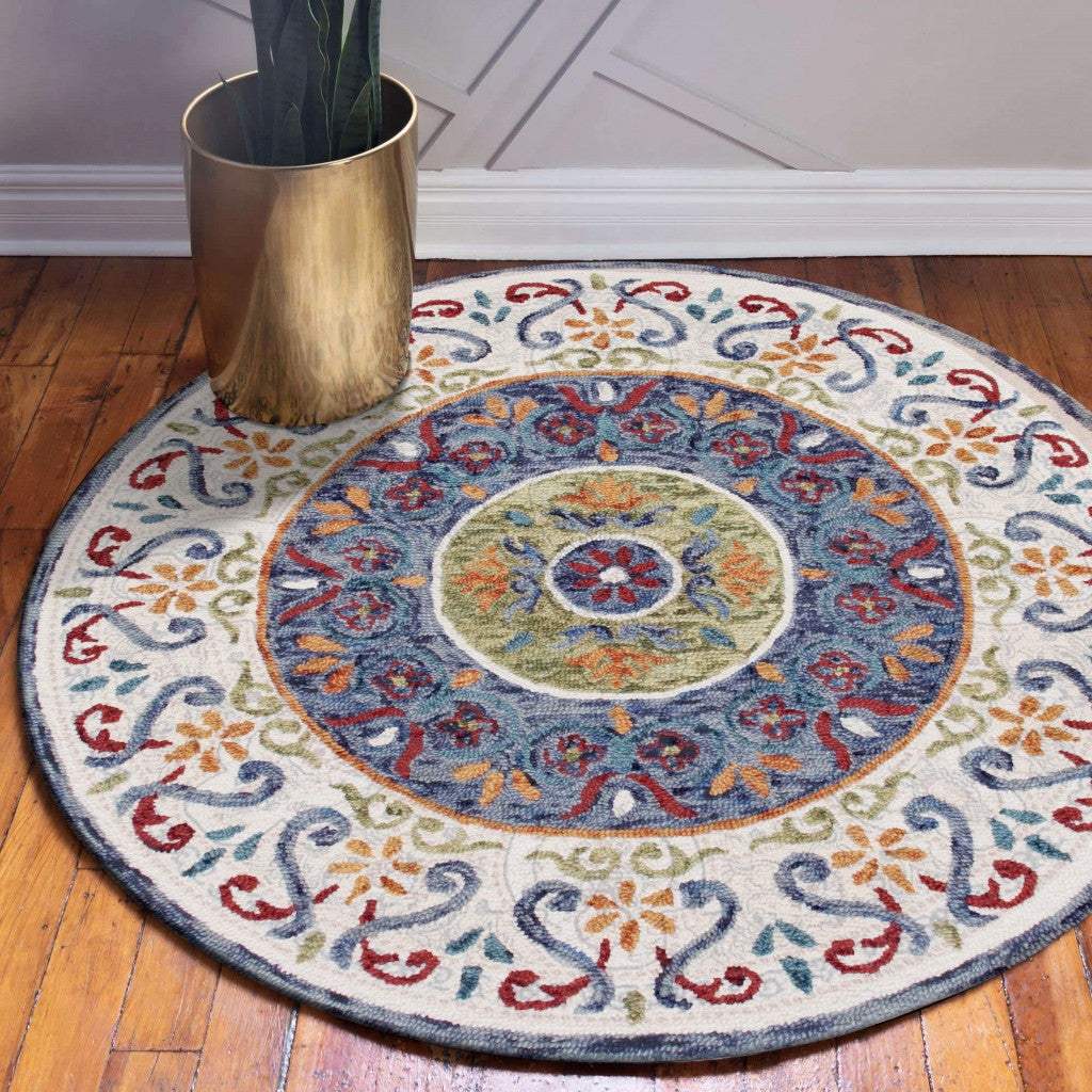 4' Round Blue and White Ornate Medallion Area Rug - Homeroots - Flyclothing LLC