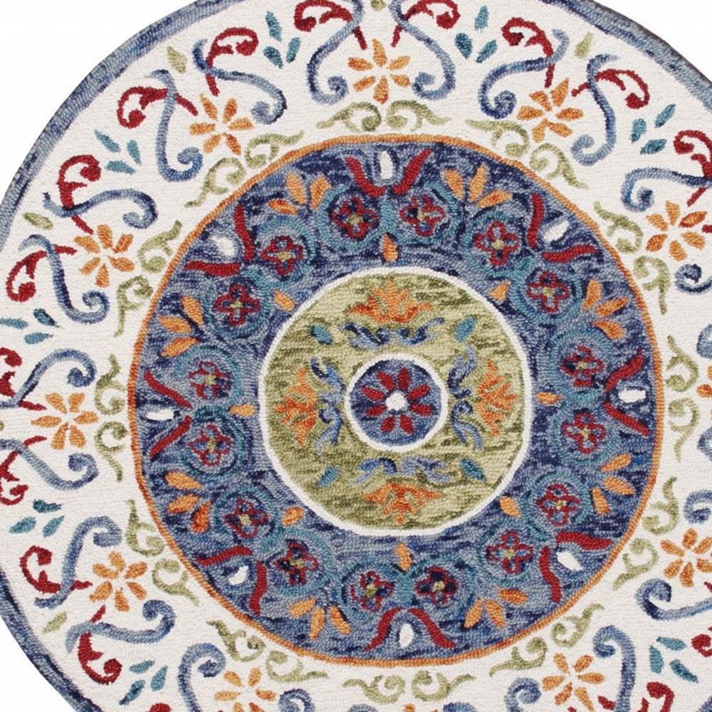 4' Round Blue and White Ornate Medallion Area Rug - Homeroots - Flyclothing LLC