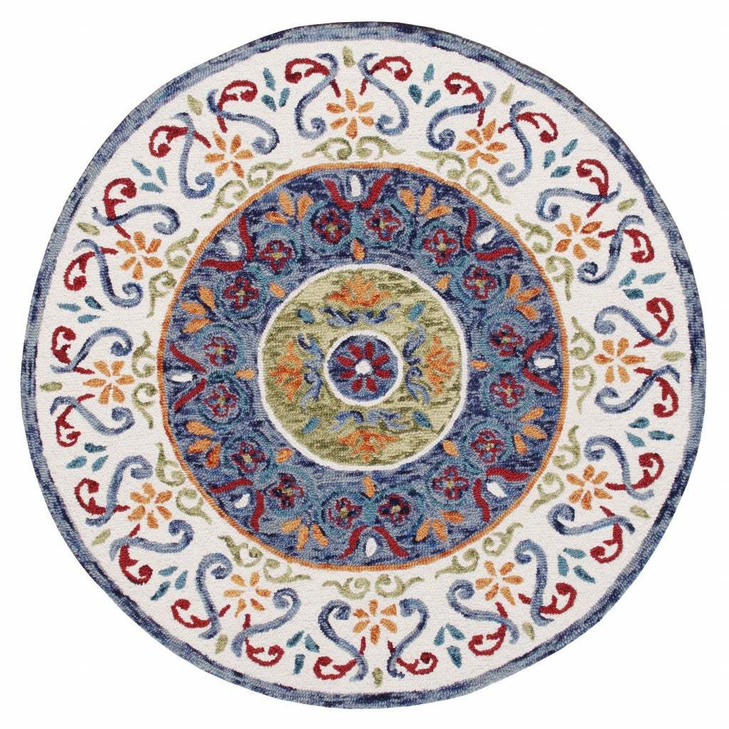 6' Blue And White Round Wool Hand Tufted Area Rug - Homeroots - Flyclothing LLC